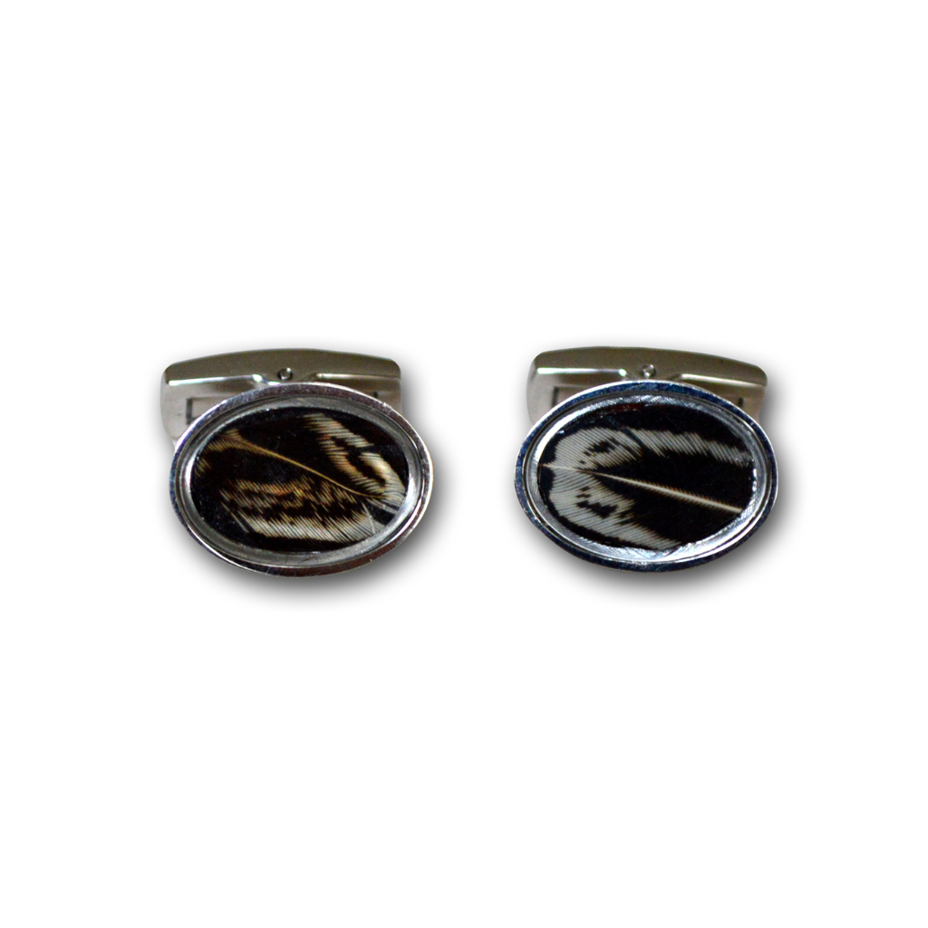 Cock pheasant feather cufflinks by Wingfield Digby