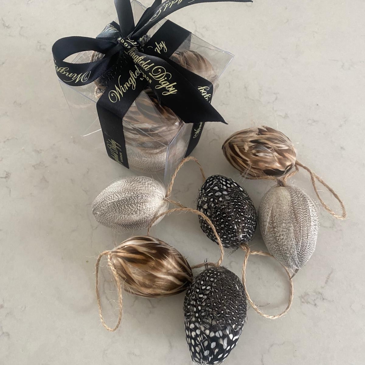 Set of 6 Real Feather Hanging Eggs